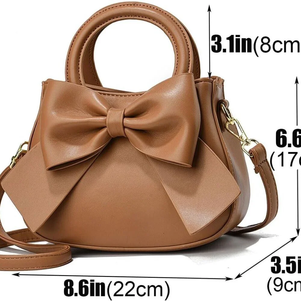 Small Leather Handbag Women Carry Handle Bow Knot Purse Crossbody Organizer